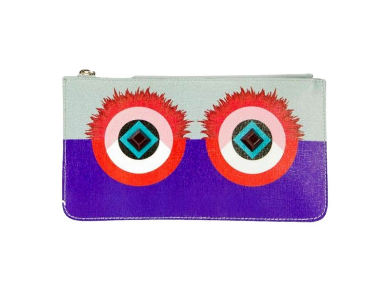 Fendi Monster Zip Pouch Clutch Cosmetic Bag Travel Purple Blue Leather | JTV Jewelry