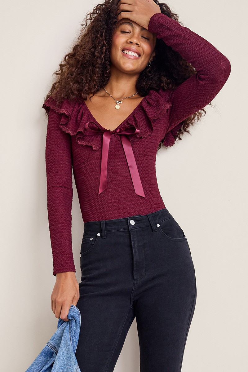 Joan Flutter Neck Knit Bodysuit | Francesca's