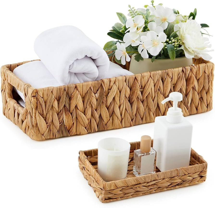 Wicker Toilet Tank Basket Topper and Vanity Tray Set Decorative Rattan Vanity Tray Toilet Tank Tr... | Amazon (US)