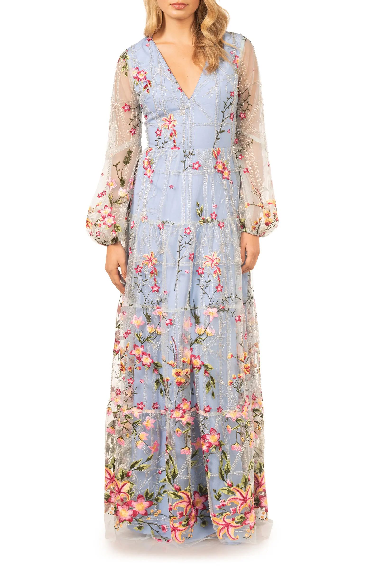 Dress the Population Lyra Floral Embroidery Long Sleeve Tulle Gown | Nordstrom | Nordstrom