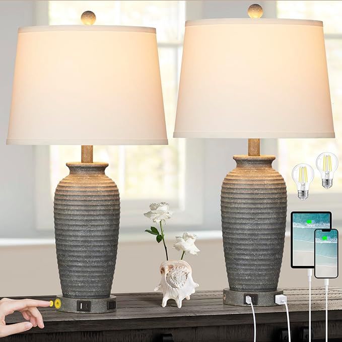 25" Farmhouse Jar Table Lamps Set of 2, 3 Way Touch Control Rustic Bedside Lamps with USB A+C Por... | Amazon (US)