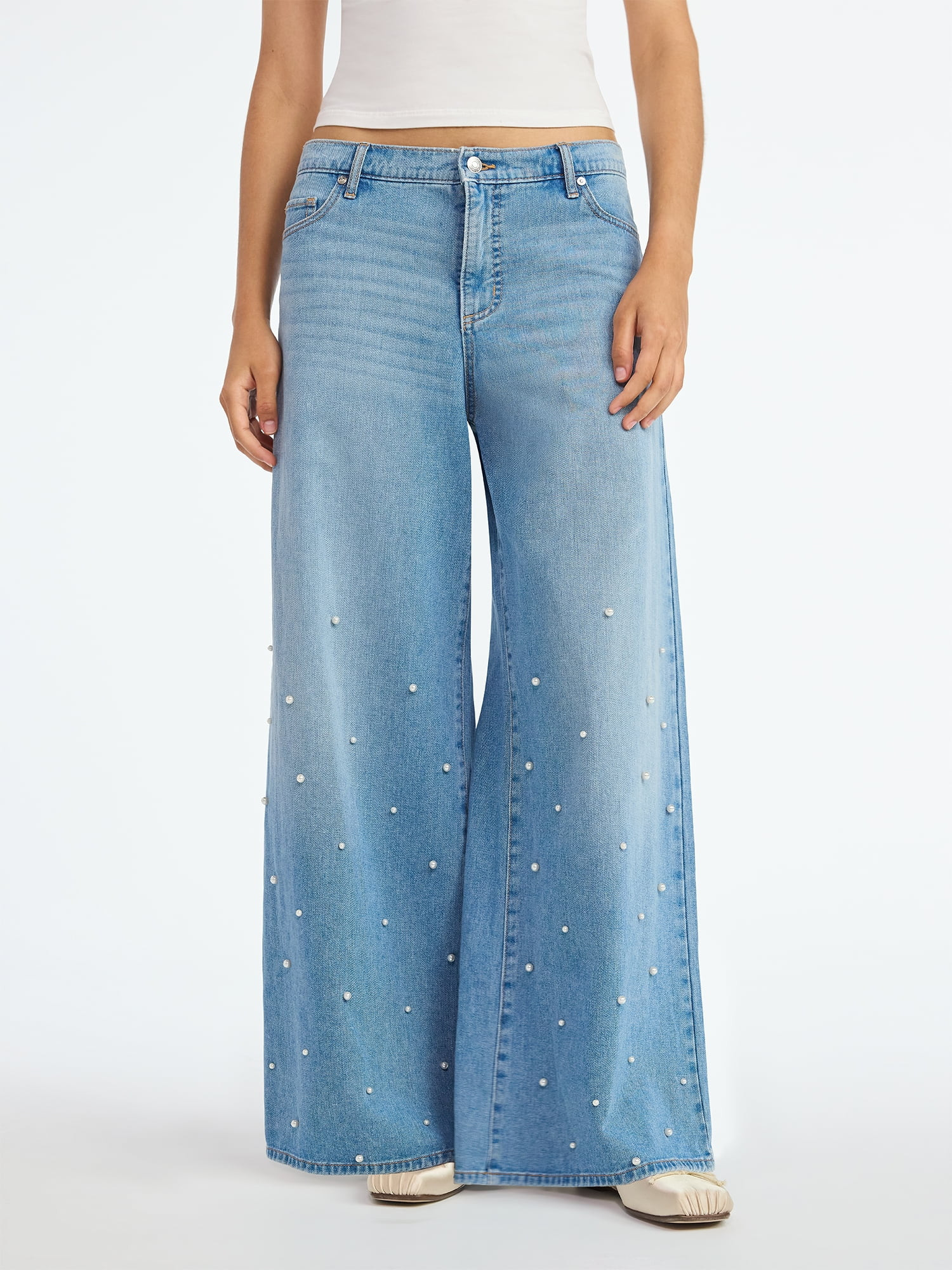 Scoop Women's and Women’s Plus Wide Leg Jeans with Faux Pearl Accents, Sizes 0-26W | Walmart (US)