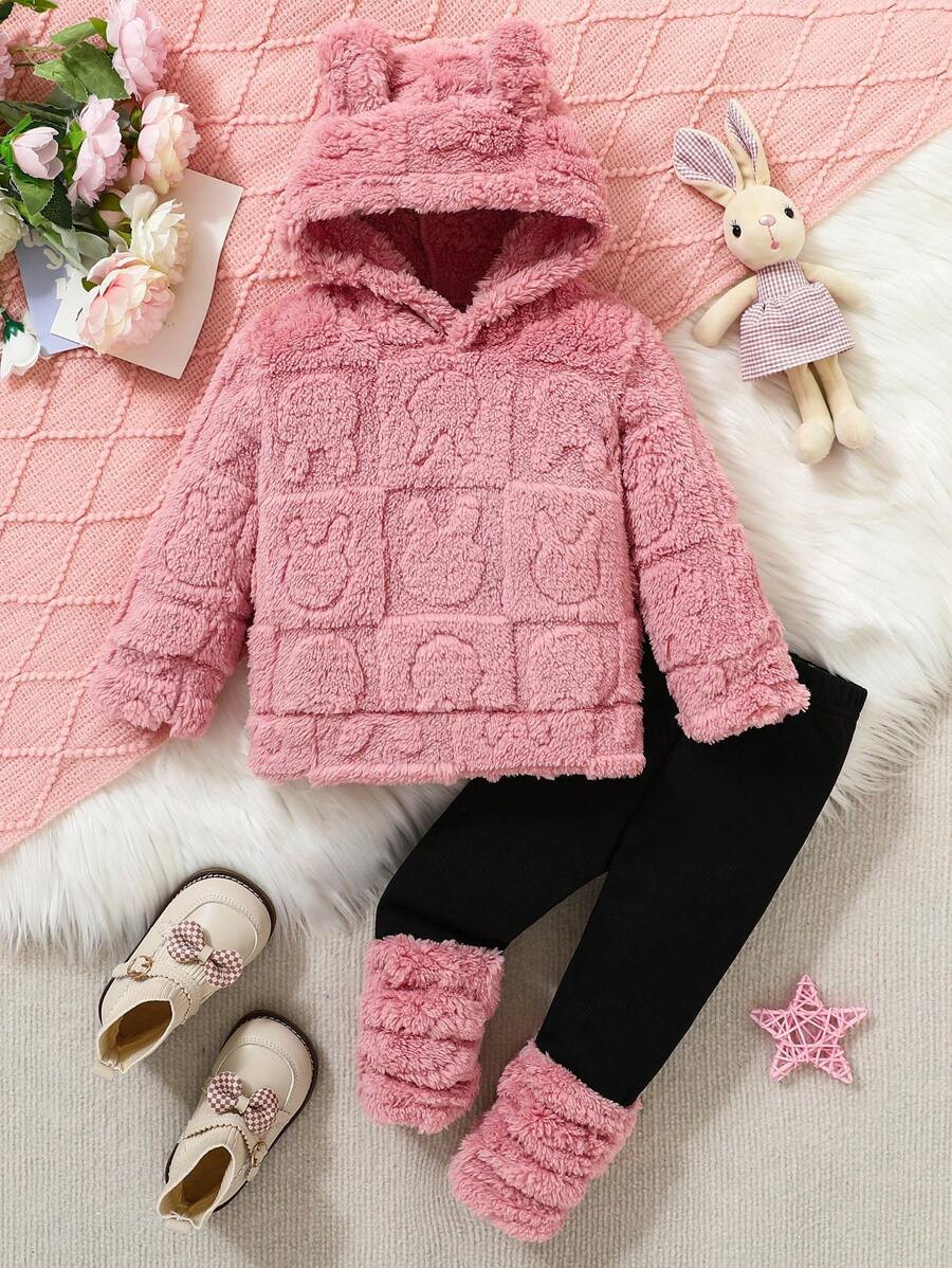 Baby Girl 2pcs/Set Rabbit Pattern 3D Ear Decor Fuzzy Hoodie And Pants Set, Winter Clothes | SHEIN