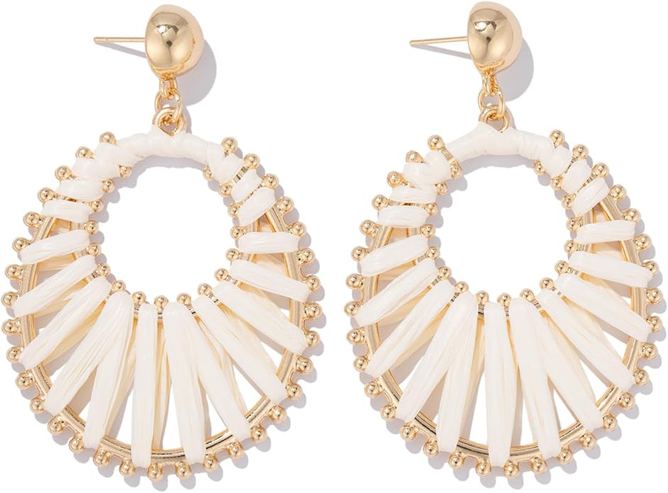Gold Raffia Earrings Boho Summer Beach Jewelry Trendy Statement Dangle Drop Earrings for Women | Amazon (US)