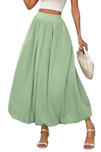 ELLEVEN Womens Bubble Maxi Long Skirt with Pockets Flowy Puffy Hem Elastic Waist Casual Lightweight Balloon Skirt Y2k Elegant Ruffle A-Line Classic Skirt Spring Summer 2026 Light Green X-Small | Amazon (US)