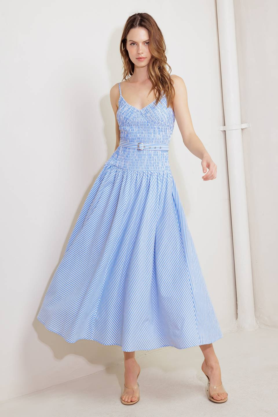 JOURNI STRIPED MIDI DRESS - BLUE & WHITE | Lady Black Tie