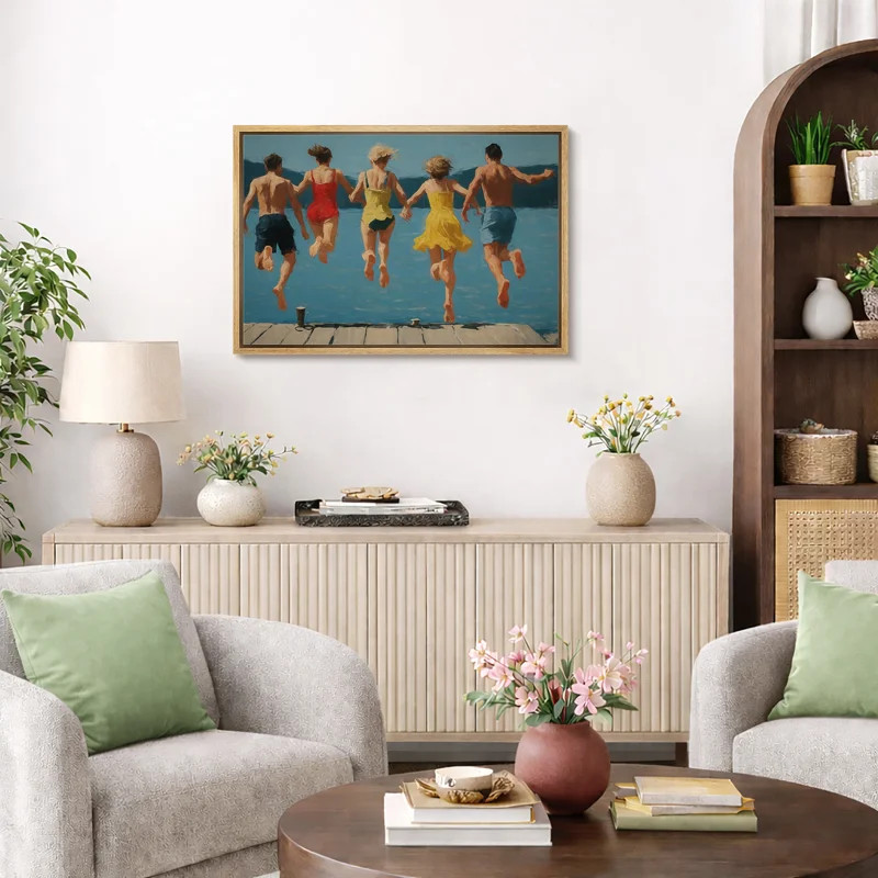 Vintage Summer Lake Jump Scene Artwork, Family Room Pictures, Framed Canvas Giclee Print Wall Art | Wayfair North America