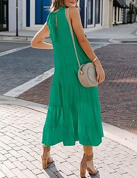 HAEOF Womens 2024 Summer Sleeveless Halter Maxi Dress Pleated Tiered Swing Beach Long Dresses Sun... | Amazon (US)