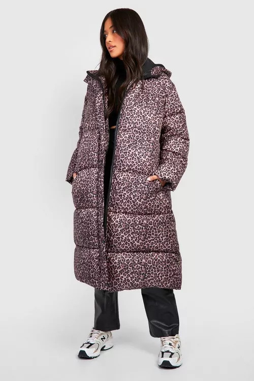 Petite Leopard Longline Hooded Puffer Jacket | Boohoo.com (UK & IE)