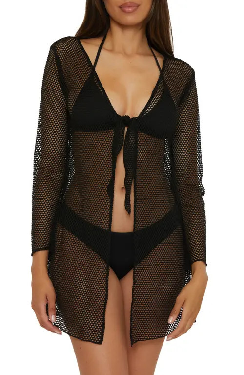 Becca Tie Front Long Sleeve Sheer Mesh Cover-Up in Black at Nordstrom, Size Large | Nordstrom