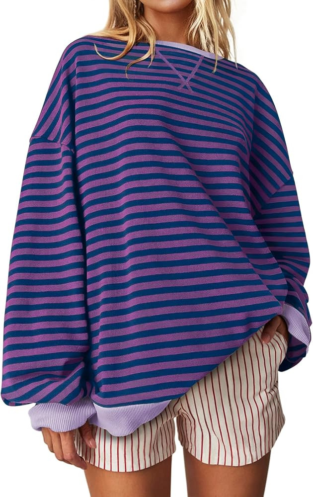 UEU Women Oversized Striped Crewneck Sweatshirt Long Sleeve Color Block Pullover Tops Casual Loos... | Amazon (US)
