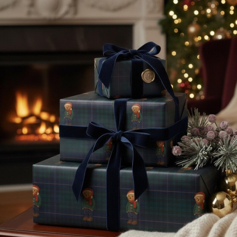 Ralph Lauren Inspired Plaid Christmas Gift Wrap, Tartan Teddy Bear Red & Navy Traditional Wrappin... | Etsy (CAD)