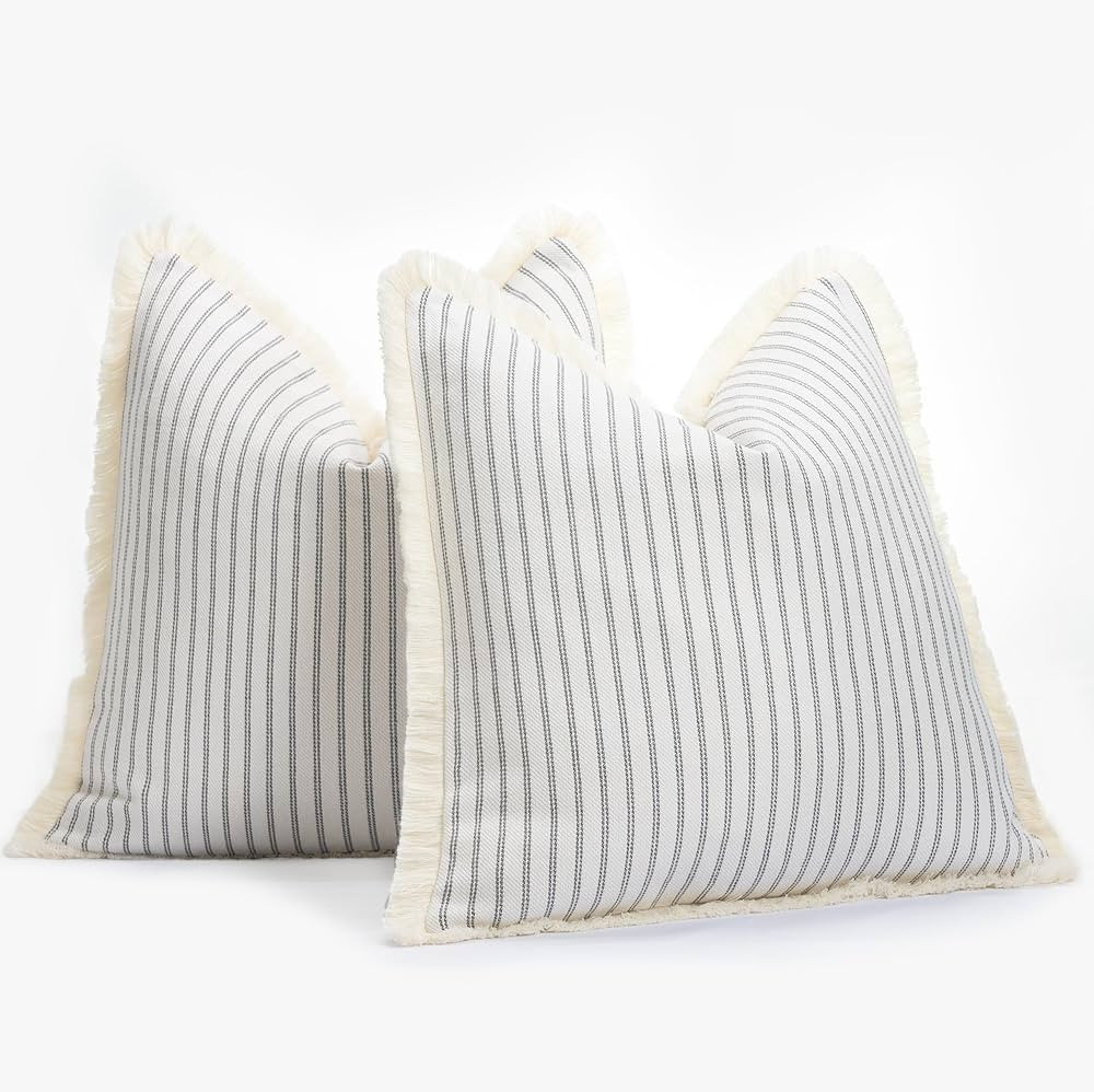 Farmhouse Pillow Covers 18x18 Set of 2 Striped Linen Cotton Decorative Pillows with Fringe Throw ... | Amazon (US)