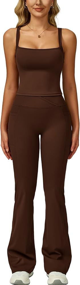 Workout Sets for Women 2 Piece Square Neck Tank Top and Butt-lifting Flare Leggings with Pockets ... | Amazon (US)