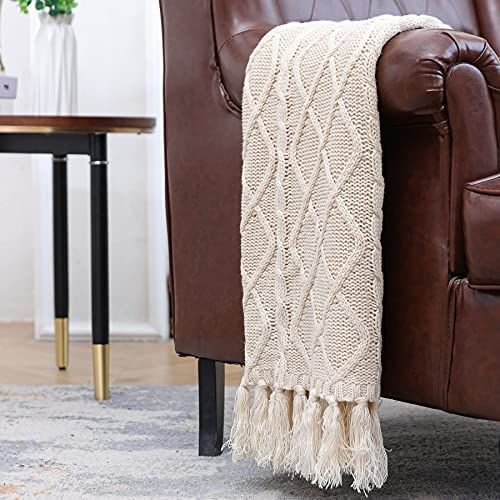 Solid Soft Cozy Cable Knitted Blanket Throw, Lightweight Decorative Textured Cream Throw Blanket ... | Amazon (US)