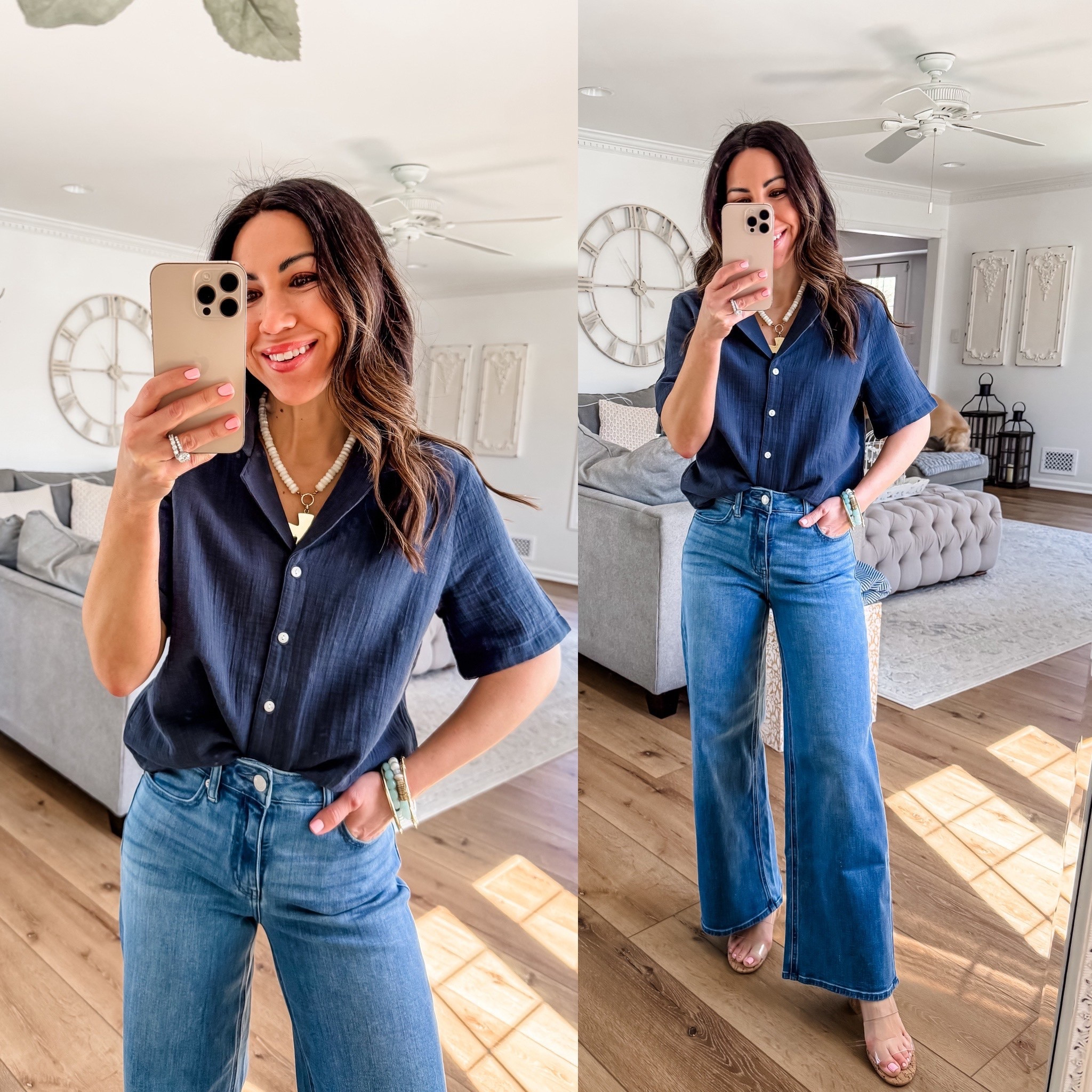 Wide leg Jeans 25 (28 inseam). Gauze button-down shirt small. @onequince #QuincePartner @Quince 

#LTKOver40 #LTKPetite