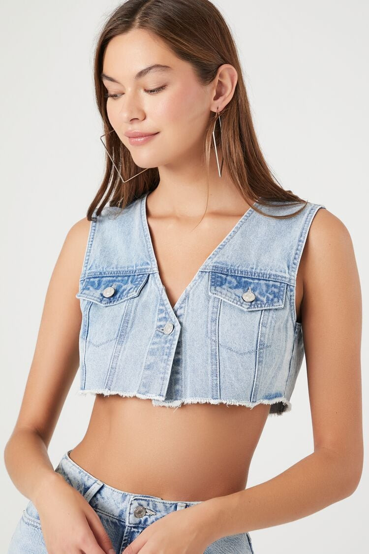 Women's Frayed Denim Crop Top in Light Denim, XL | Forever 21