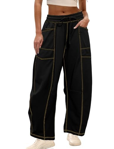 Athlisan Womens Baggy Barrel Pants Wide Leg Lounge Drawstring Sweatpants with Pockets(Black-M) | Amazon (US)