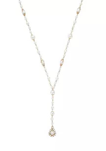 Gold Tone 34" + 3" Extender Long Pearl Y Necklace with Pearl Framed Stone Teardrop Pendant | Belk