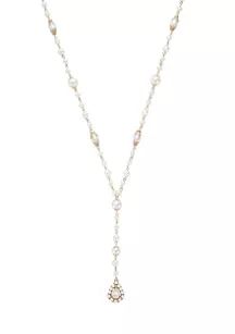 Gold Tone 34" + 3" Extender Long Pearl Y Necklace with Pearl Framed Stone Teardrop Pendant | Belk