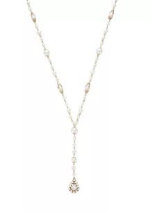 Gold Tone 34" + 3" Extender Long Pearl Y Necklace with Pearl Framed Stone Teardrop Pendant | Belk