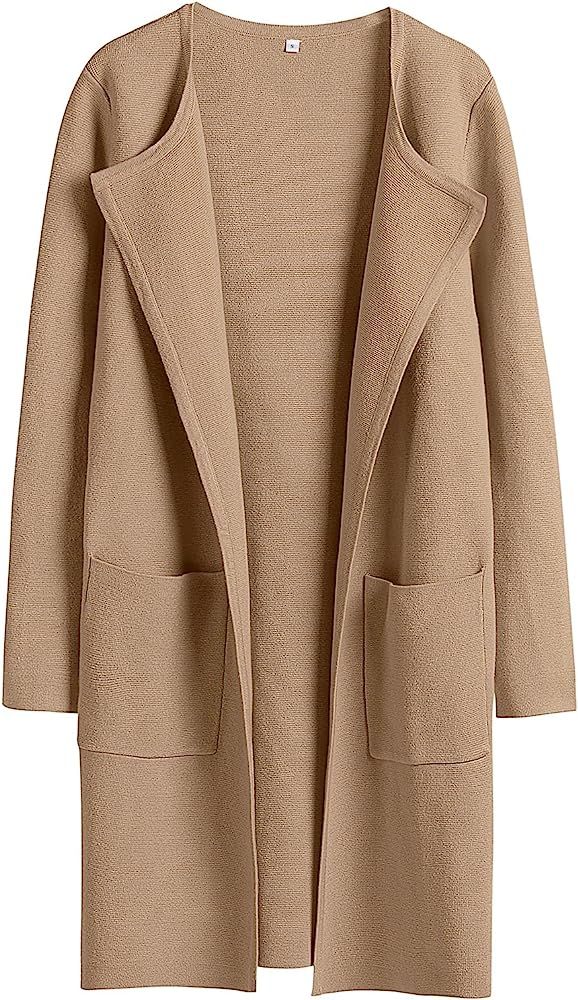 Women's Open Front Knit Cardigan Long Sleeve Lapel Casual Solid Classy Sweater Jacket | Amazon (US)