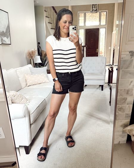 Casual summer outfit! Amazon striped tank (runs true to size to big- wearing a small), old navy black shorts (true to size to small), amazon Birkenstock look for less sandals (true to size)



#LTKover40 #LTKstyletip #LTKfindsunder50