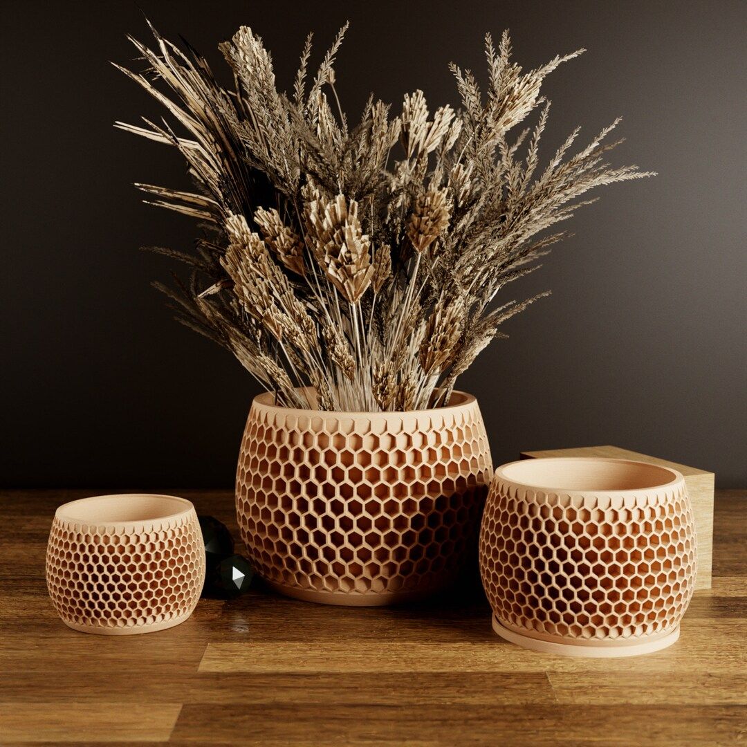 Wood Honeycomb Plant Pot Unique, 3D Printed Planter, Planter With Drainage, Minimal Decor, Small ... | Etsy (US)