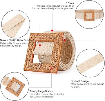 Women Belts For Dresses, Elastic Straw Rattan Waist Band With Wood Buckle | Amazon (US)