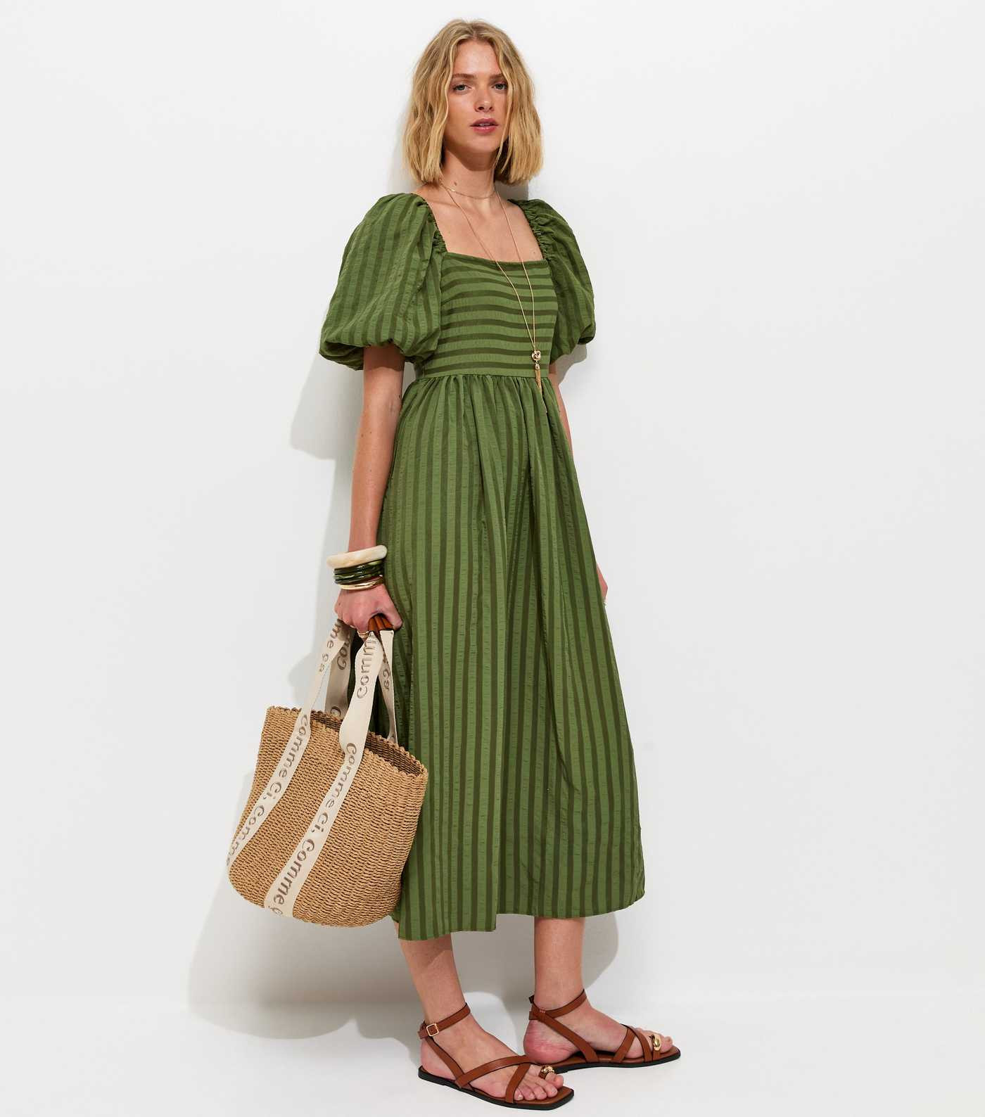 Khaki Puff Sleeve Striped Midi Dress | New Look | New Look (UK)
