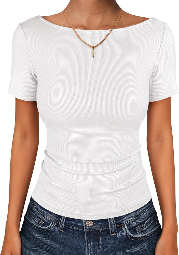 ANRABESS Women Boat Neck Tops Short Sleeve T-Shirts Ribbed Knit Tight Fitted Basic Tees Shirts 20... | Amazon (US)