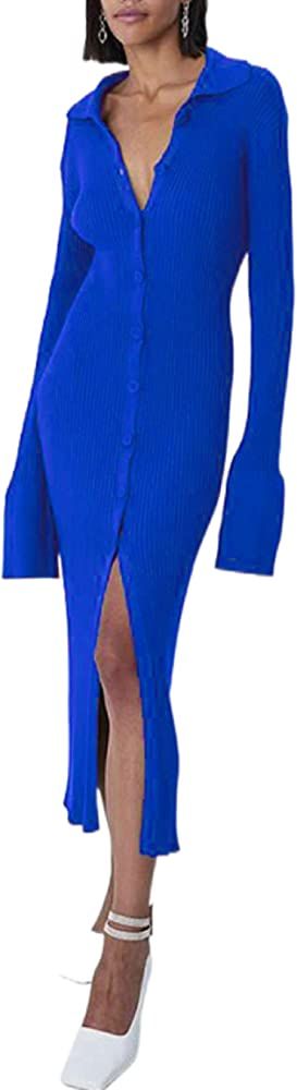 Women Button Down Knit Sweater Long Dress Vintage Long Sleeve V Neck Split Dress Casual Cardigan ... | Amazon (US)