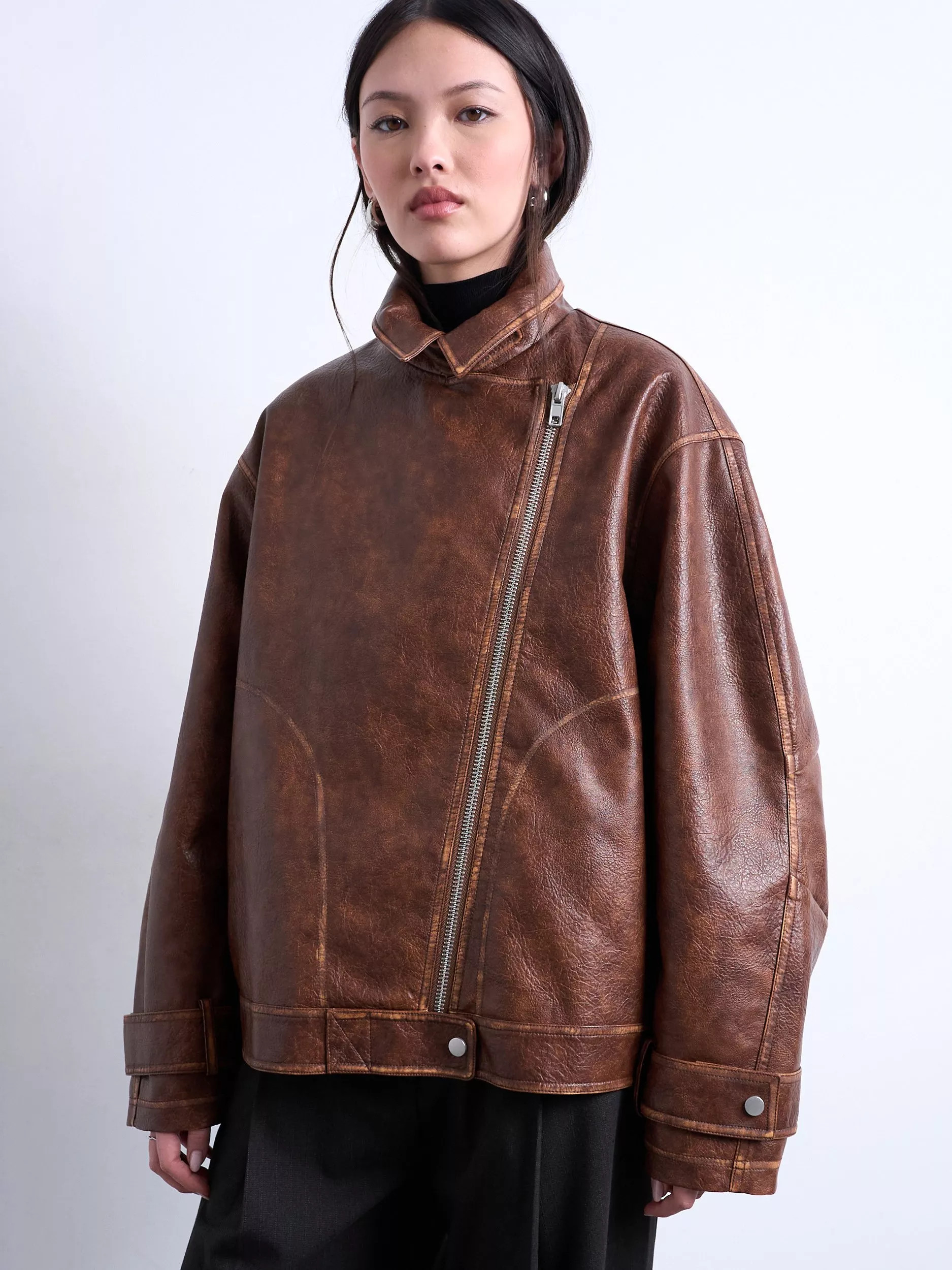 Topshop Oversized Faux Leather Biker Jacket, Brown | John Lewis (UK)