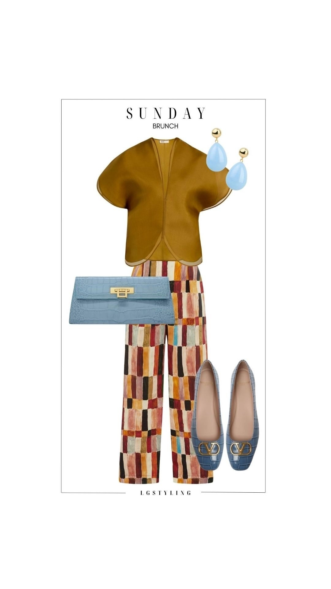 Sunday — Brunch

Ending the week with color. Painterly printed trousers paired with a warm golden top feel relaxed but elevated, with powder-blue accessories pulling out the softer tones in the print. Exactly the kind of outfit brunch was made for. #BrunchOutfit #ColorfulStyle #SundayStyle #OutfitIdeas