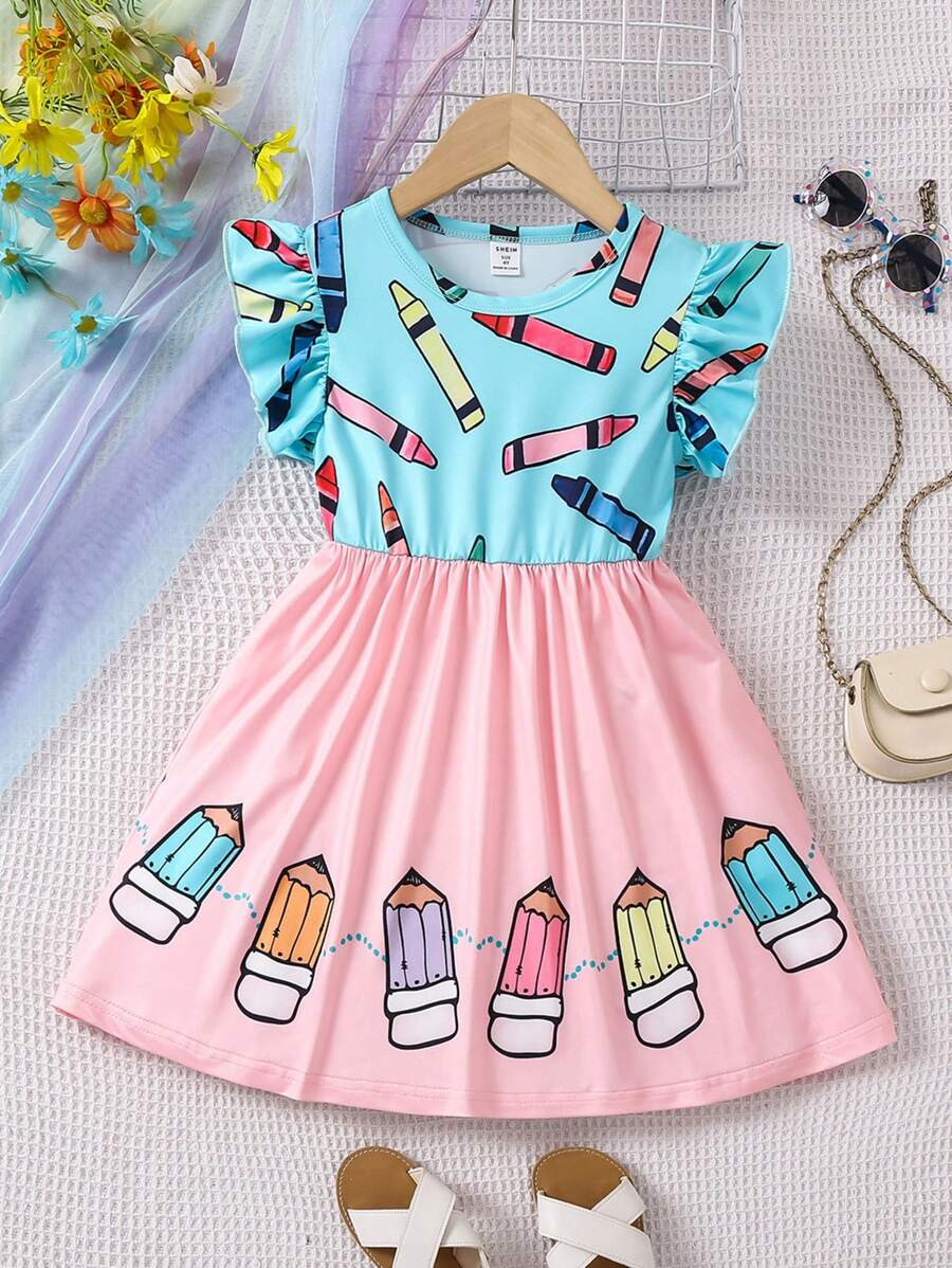 SHEIN Young Girl Flutter Sleeve Pencil Dress With Color Block And Print Summer Holiday | SHEIN