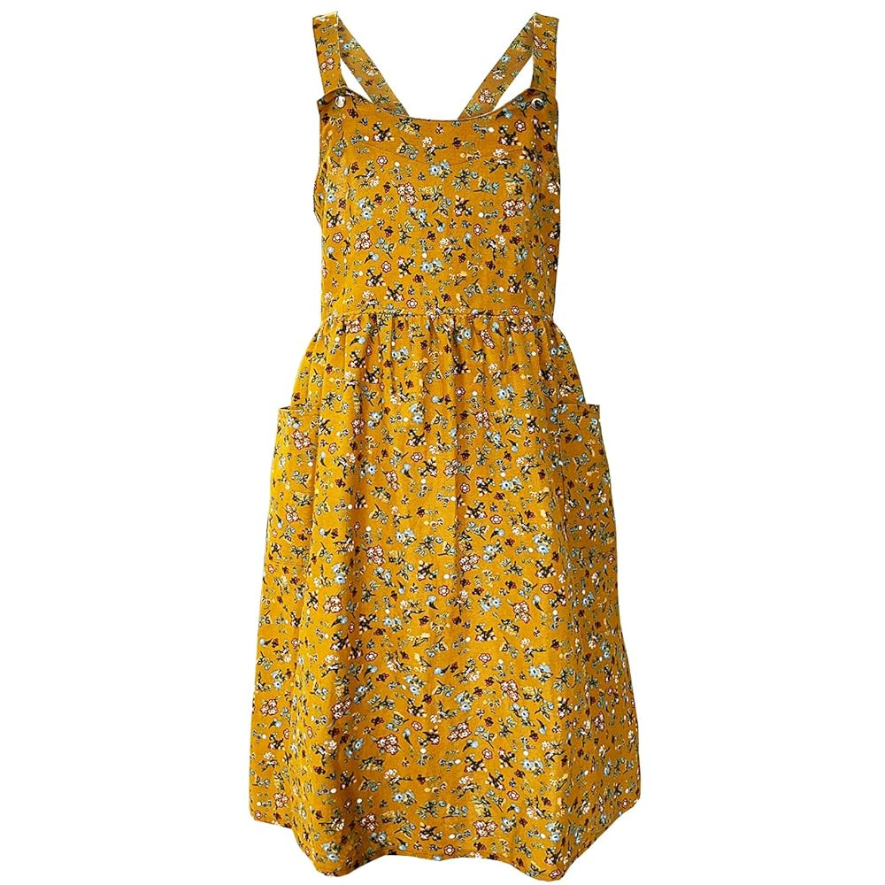 Cityelf Floral Apron Dress Snap Adjustable Pinafore Cotton Linen Cross Back with Pockets for Gard... | Amazon (US)