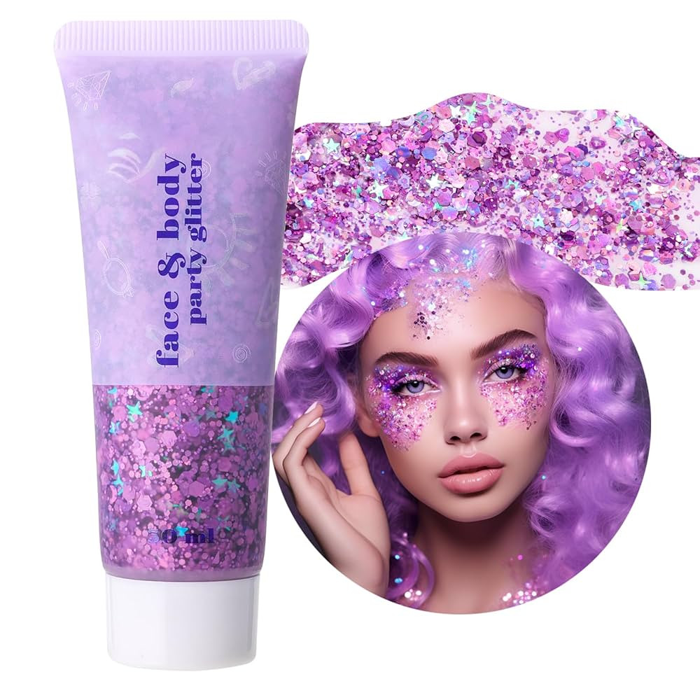 DAGEDA Purple Body Glitter Gel, Holographic Face Glitter Body Gel Rave Party Accessories, Chunky ... | Amazon (US)
