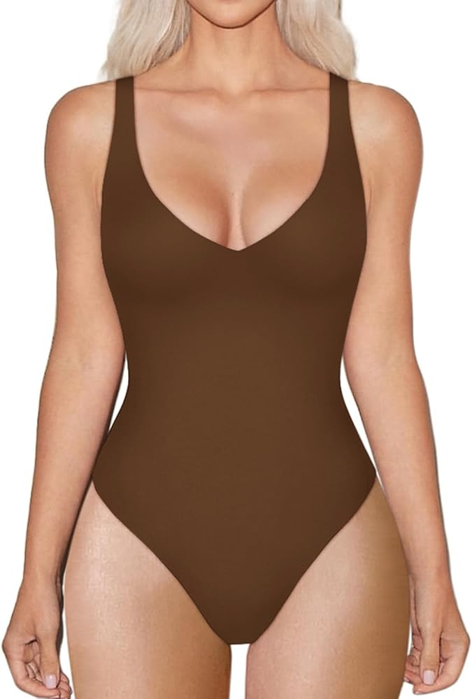 REORIA Women's Sexy Plunge V Neck Sleeveless Seamless Double Lined Tank Bodysuit Tops | Amazon (US)