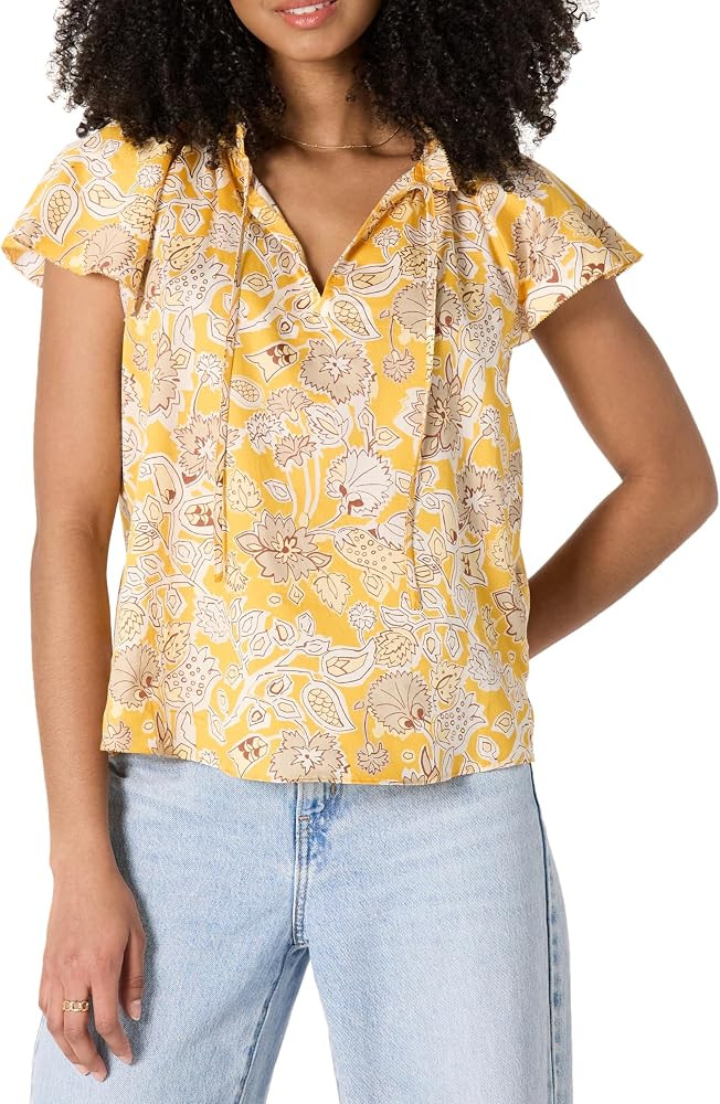 Amazon Essentials Women's Relaxed-Fit Ruffle-Neck Cotton Sateen Long-Sleeve Blouse (Skirt Sold Separately) | Amazon (US)
