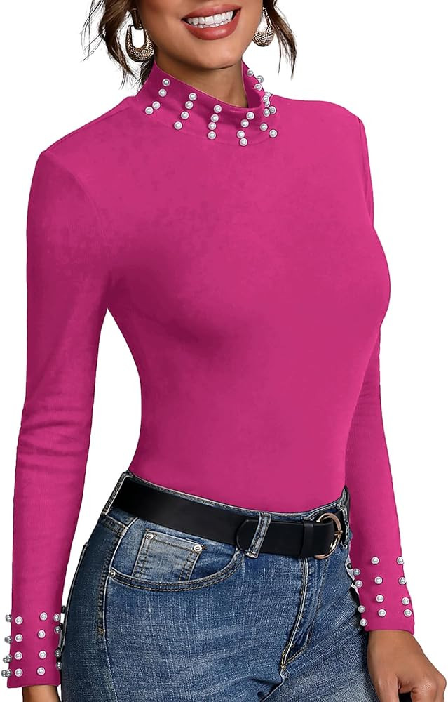 SweatyRocks Women's Casual Mock Neck Long Sleeve Beaded Solid Slim Fit Tee Shirt | Amazon (US)