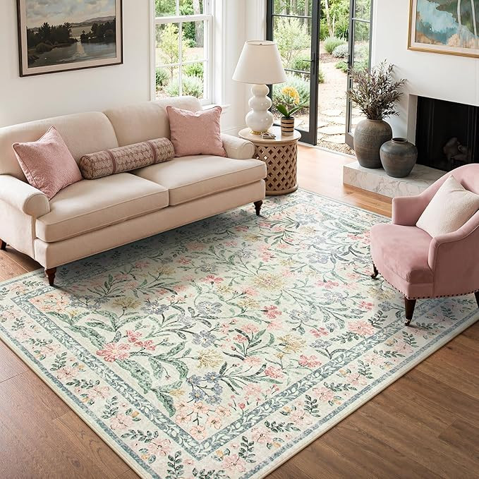 Lahome Boho Rugs for Living Room 5x7, Machine Washable Area Rugs Non-Slip, Vintage Floral Soft Ki... | Amazon (US)