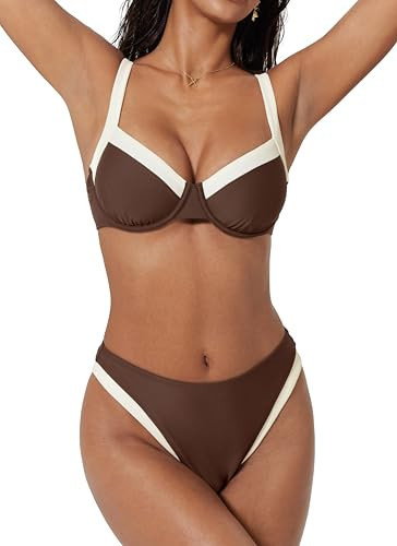 SUUKSESS Women Color Block Underwire Bikini Sets Cheeky High Cut 2 Piece Swimsuit Sweetheart V Neck Push Up Bathing Suit(Beige Brown,M) | Amazon (US)