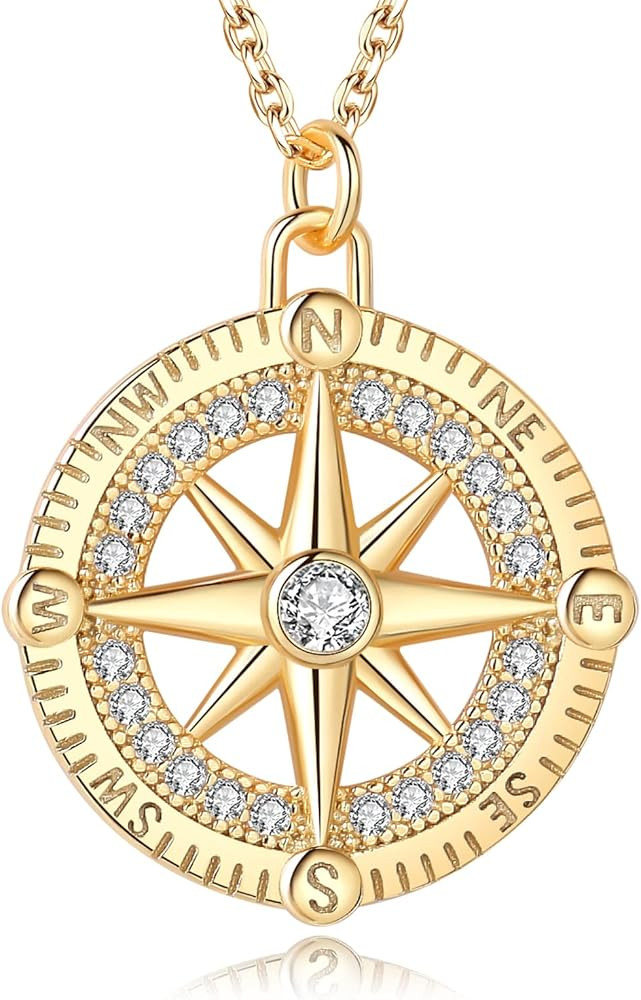 Compass Pendant Necklace for Women - 925 Sterling Silver Necklace with Cubic Zircon, Gold and Whi... | Amazon (US)