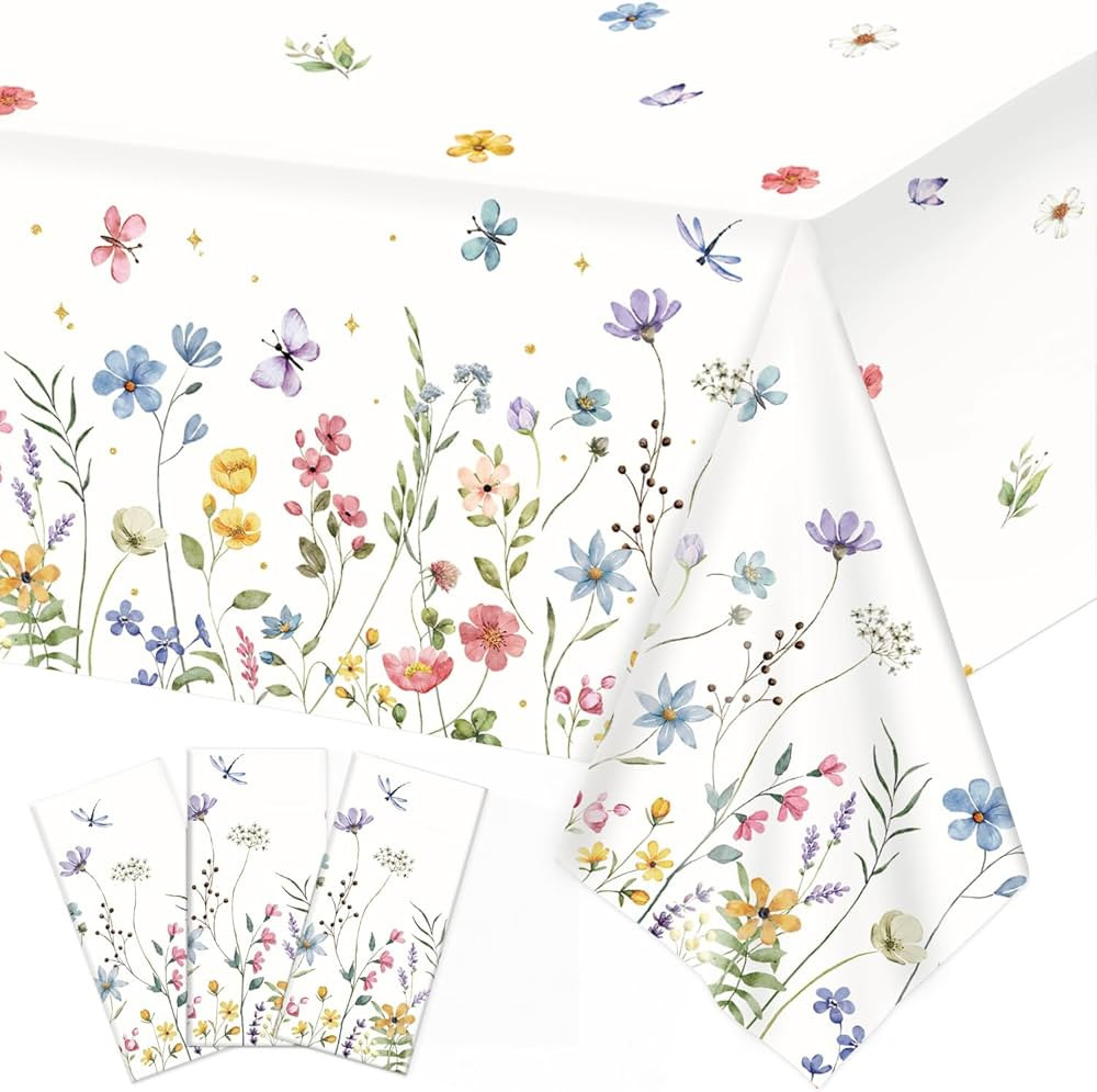 3 Pack Spring Floral Tablecloth, Wildflower Butterfly Plastic Table Cover for Easter, Birthday, W... | Amazon (US)