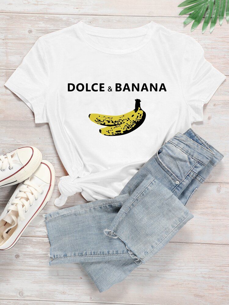 Letter & Banana Print Round Neck Tee | SHEIN