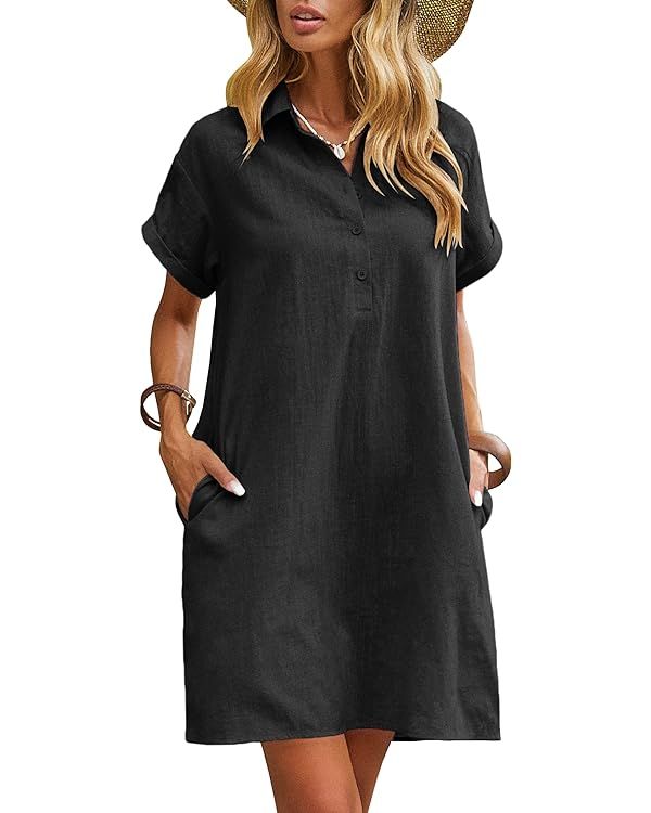 Zeagoo Womens Cotton Shirt Dress Summer Casual Short Sleeve Button Down Beach Cover Up Shirts wit... | Amazon (US)