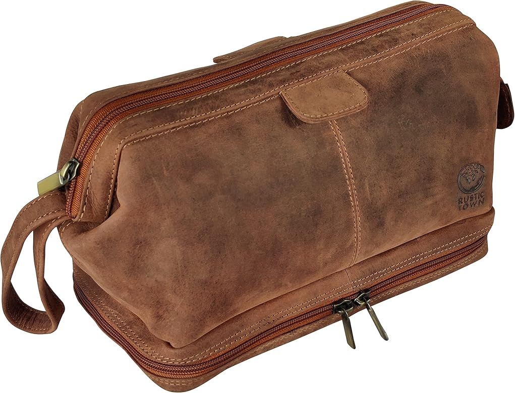 RUSTIC TOWN Genuine Leather Travel Cosmetic Bag - Hygiene Organizer Dopp Kit (Brown) | Amazon (US)