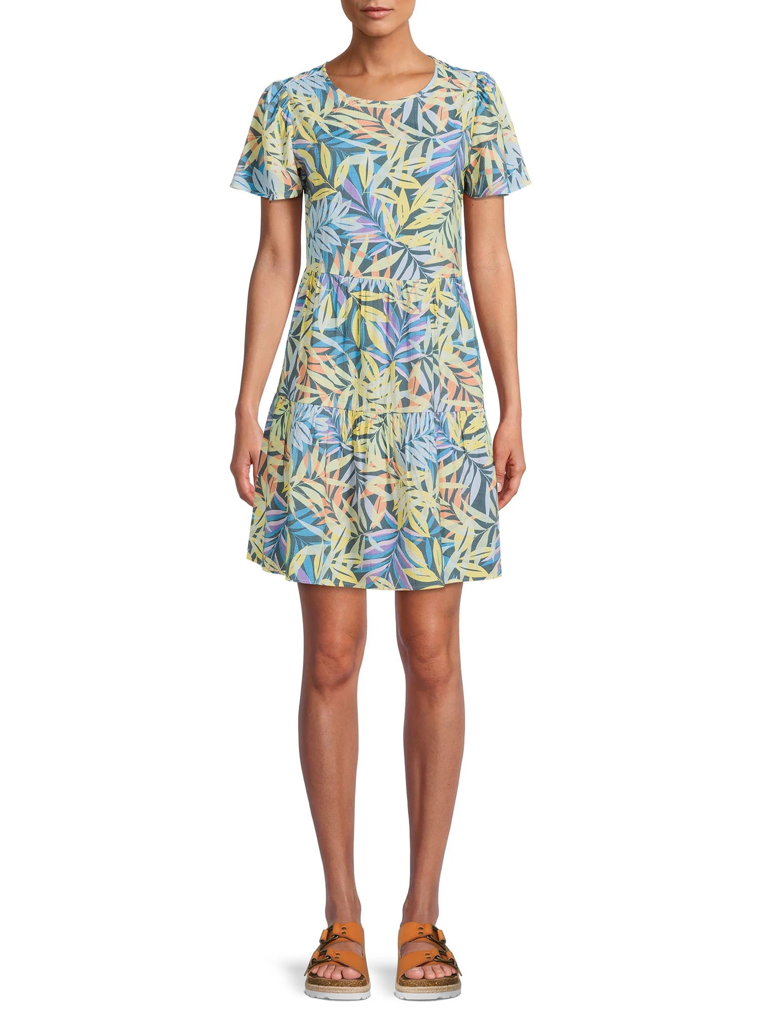 Time and Tru Women's Short Sleeve Printed Woven Mini Dress | Walmart (US)