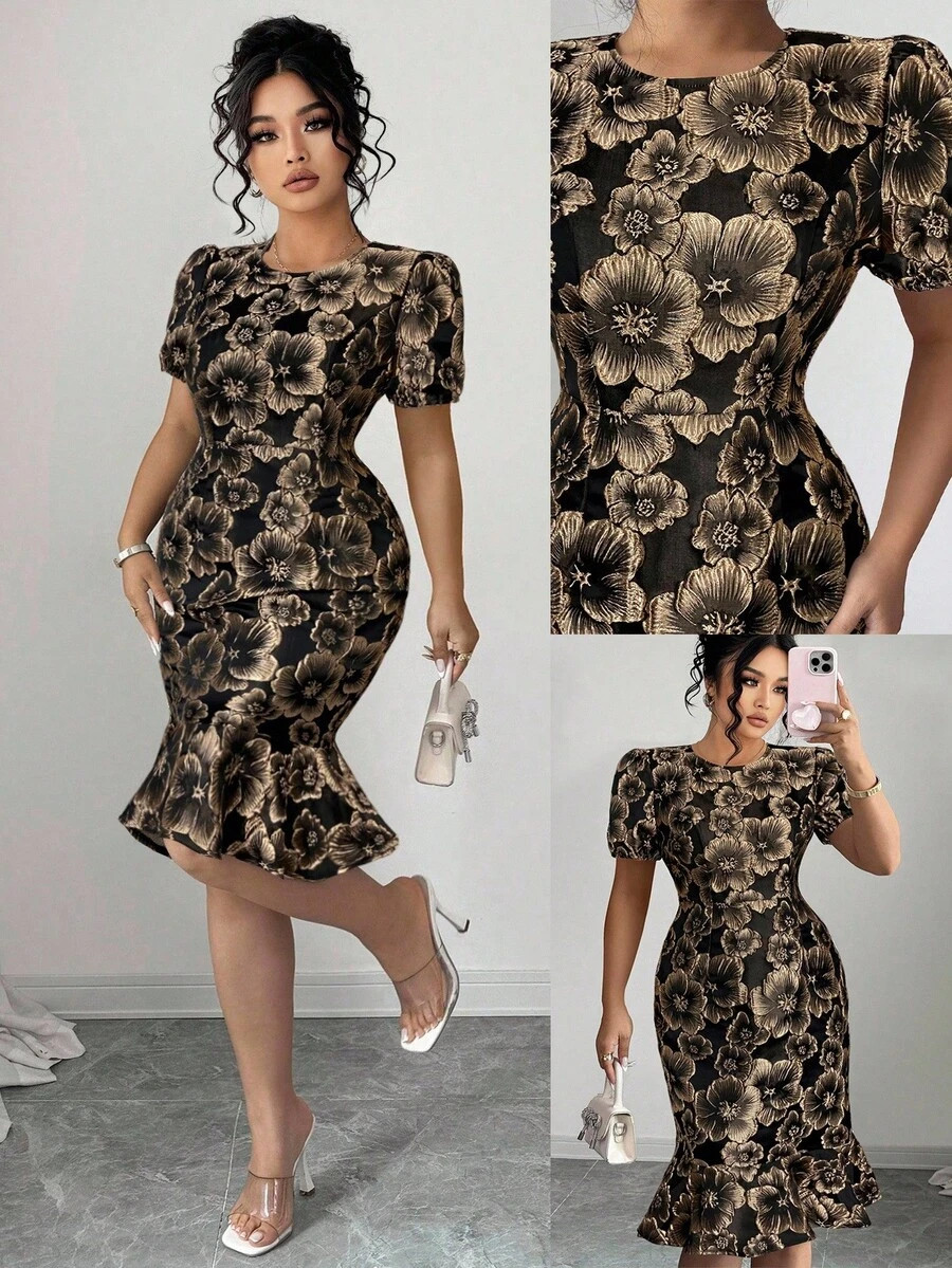 Elenzga Christmas Plus Size Round Neck Short Sleeve Textured Embroidered Floral 3D Pattern Fitted... | SHEIN