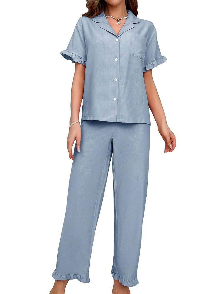 MakeMeChic Women's 2 Piece Ruffle Pajama Sets Lounge Wear Button Down Shirt with Straight Leg Pan... | Amazon (US)